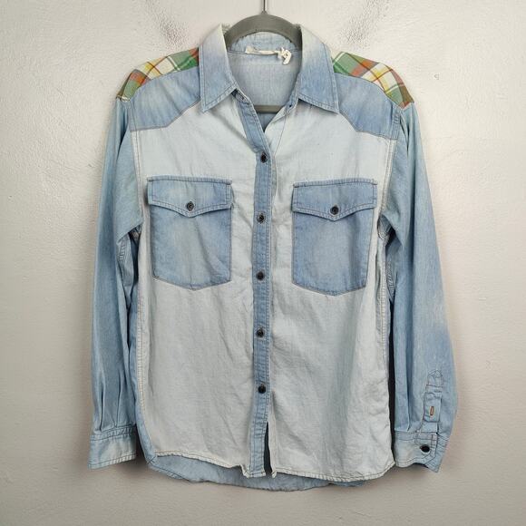 Isabel Marant Etoile Denim Shirt Womens 38 US 6 Light Blue Checker Linen Blend - Picture 1 of 10